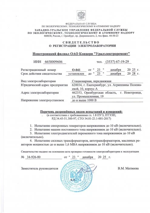 Электролаборатория Новотроицкого филиала